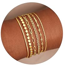 YADOCA 6Pcs Gold Armband für Damen 14K Vergoldet Gold Kubanische Büroklammer Herringbone Box Kette Armbänder Thin Gold Armbänder Set Schmuck für Frauen Teen -1
