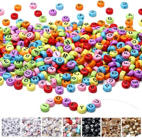 AWARDSEN 1500 Stück Buchstabenperlen für Armbänder Farbige, 7 mm Acryl Perlen, Weiß Buchstaben Für DIY Geeignet Halsketten Armbänder handwerk