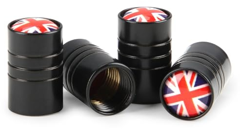 4 Stück Universal Britische Flagge Fahrrad Auto Motorrad Ventilkappen Aluminium, für Trike Quad Geländewagen Airtight Seal(Schwarz)