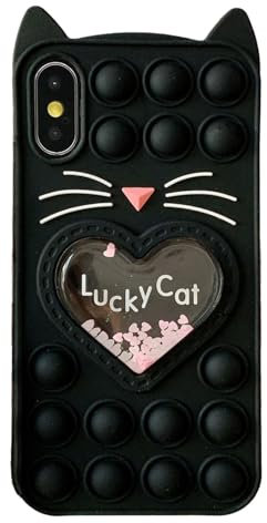 Asgens Fidget Phone Case for iPhone X/XS, Cartoon Lucky Pop Black Cat Quicksand Bling Stars Push Bubbles Shockproof Silicone Soft Case for Apple iPhone X/XS 5.8 inch