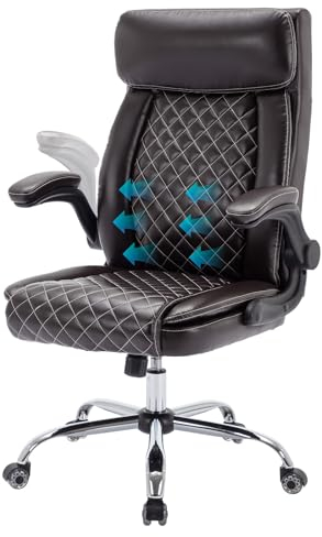 WOTSTA Ergonomischer Bürostuhl, PU Leder Chefsessel Stuhl, bürostuhl mit Aufklappbaren Armlehnen, Schreibtischstuhl Höhenverstellbarer Drehstuhl mit Doppelt verstellbare Lendenwirbelstütze, Braun