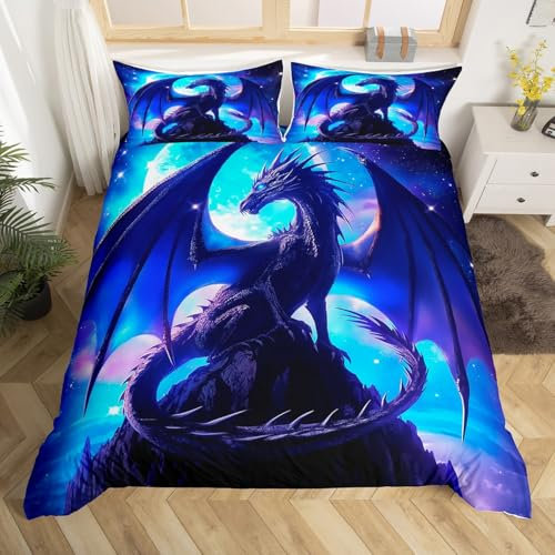 Homewish Blauer Western Dragon Bettbezug 135x200,Moon Dragon Kinder Bettwäsche Set für Teen Boys,Magische Tier Wildlife Tröster Abdeckung Fantasy Kreatur Bettbezug Reißverschluss Zimmer Dekor