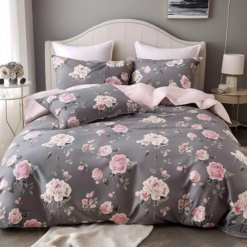 Gezu Bettwäsche 155×220cm 3D Blumen Rosen Grau Rosa Aesthetic Vintage Florale Wende Bettwäsche Set Blumenmuster Rosenmuster Romanze Bettbezug 155×220 und 2 Kissenbezüge 80x80cm mit Reißverschluss