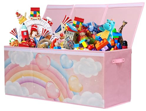 ELUCHANG Toy Storage Box, 147L Large Foldable Kids Toy Chests & Boxes for Boys Girls,Toy Storage Organiser with Flip-top Lid, Childrens Storage Box for Clothes, Bedroom,Playroom, Kindergarten,Pink