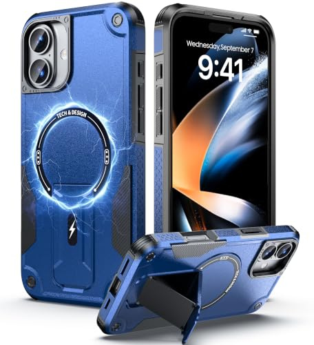 Tuvror for iPhone 16 Case with Stand, Magnetic Phone Case, Blue | Compatible with MagSafe, Built-in Kickstand, Rugged Protection Heavy Duty Shockproof Magnet Case for iPhone 16