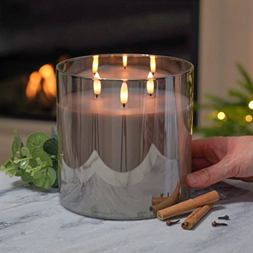 Festive Lights - Authentic Flame Real Wax 3 Wick Grey Smoked Glass Flameless Battery Operated Candle - Warm White Flickering LEDs - Safe, Elegant Indoor Christmas & Home Decoration (Without Remote)