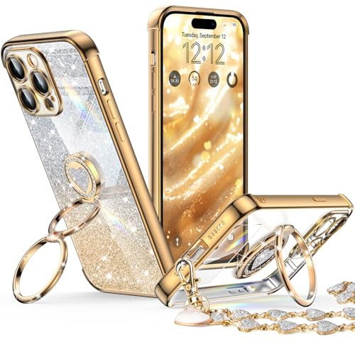 XYZ for iPhone 14 Pro Case with Stand, Phone Case with Double Ring Kickstand, Women Girls Bling Luxury Glitter Clear Phone Case Cover Heart for iPhone 14 Pro, Gold