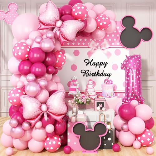 Pink 1st Birthday Balloons Decorations, Hot Pink Rose Polka Dots Balloons Arch Kit, Huge Bow Foil Balloon, pink Number 1 Balloon Tower for Baby Shower Girls Princess 1st Theme Party