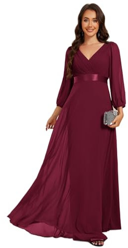 Ever-Pretty Women Dress Elegant Evening Dress with V-Neck and Long Sleeve High Waisted Chiffon Maxi Dress Burgundy 14UK