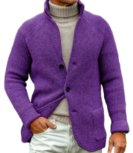 Cardigan In Maglia Grossa, Cardigan, Cardigan A Maniche Lunghe Con Collo Alto Da Uomo, Maglione Termico Aderente Con Bottoni (5XL,Viola)