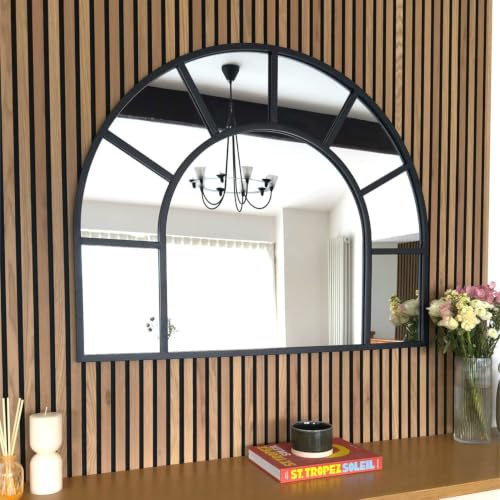 Jobu | Arched Mirror with Metal Window Frame Style in Black – 95cm x 120cm for Bedroom, Hallway or Living Room | Mio