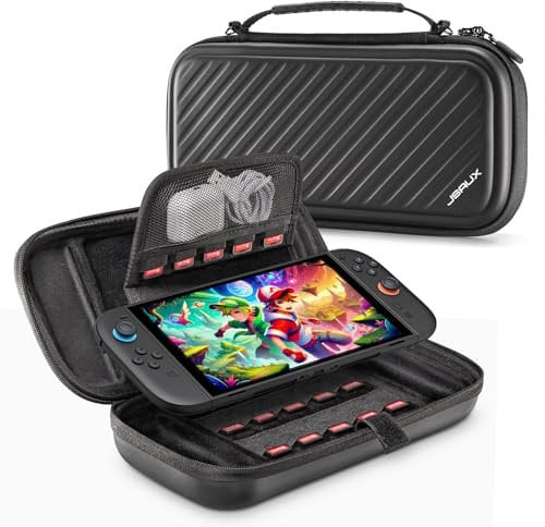 JSAUX Tasche Kompatibel mit Nintendo Switch 2 2025, Schützende Hartschalen-Tragetasche mit 15 Spielkartenfächern, Tragbare Reisetasche für Switch 2 Konsole und Zubehör, Schwarz