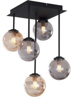 QAZQA - Moderne Deckenleuchte I Deckenlampe I Lampe I Leuchte Schwarz mit Bernstein- und Rauchglas 5-flammig - Athen I Wohnzimmer I Schlafzimmer - Metall Quadratisch I Kugel I Kugelförmig - LED geeign