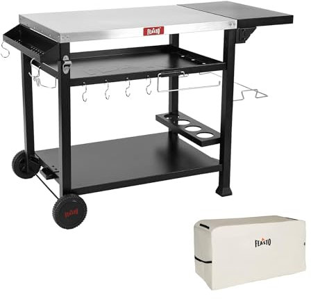Feasto Mesa de parrilla para exteriores, carrito de compras, mesa de horno de pizza para interiores y exteriores, mesa de acero inoxidable de 40 x 26 pulgadas, mesa de comedor con ruedas para