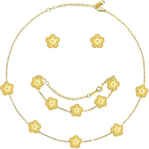 XIWCAFC Vierblättriges Kleeblatt Schmuckset für Damen und Mädchen 18 Karat Vergoldet Edelstahl Zweiseitig Anhänger Halskette Ohrstecker Armband Schmuck Set für Jewelry Geschenk Geburtstag (Gold)