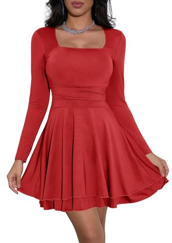Cicy Bell Damen Kleider Langarm Partykleid Korsett Minikleid | Quadratischer Ausschnitt Cocktailkleid Rüschensaum Kurz Elegant Bodycon Kleid