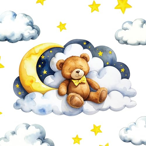 Boho Kinderzimmer Wandtattoos – Traumhafter Aquarell Teddybär auf Wolke | Mehrteiliges Set mit Wolken, Mond & Sternen | Abnehmbare Stoff Wanddeko fürs Kinderzimmer