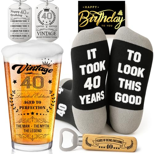 Joybble Geschenke zum 40. Geschenke für Männer, Personalisierte Bierglas mit Gravur, 40-Bierglas in Fassbox 470ml, Deko 40 Geburtstag mit Geburtstagskarte, Lustige Geschenkideen, Flaschenöffner