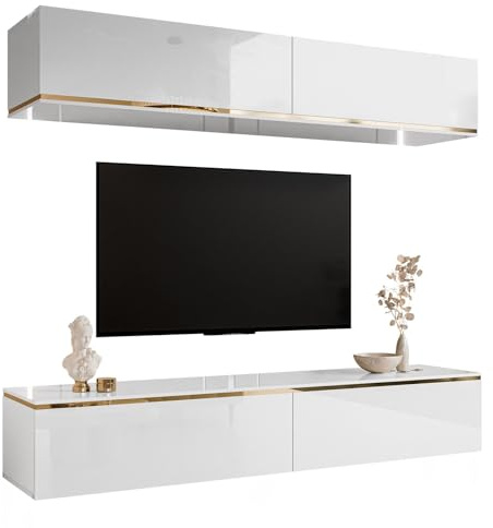 Lookway Hängende Wohnwand Aurora Weiß Hochglanz mit Goldener Dekorativer Leiste LED-Option zur Wahl Modernes Wohnzimmermöbel (mit LED Beleuchtung)