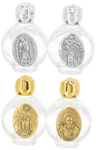 Lurrose Lot De 4 Bouteilles D’Eau Bénite Rechargeables en Verre 100 ML Métal Finition Dorée Argentée Motifs Aléatoires pour Usage Religieux Décoratif Fêtes