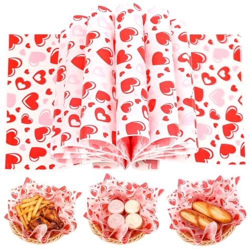 LOMIMOS 100 Blätter Wachspapier für Lebensmittel,Umweltfreundliches Backpapier mit Herzmuster zum Valentinstag Wasserdicht und Öl Nicht Klebrig Wachspapier für Kekse Hamburger Brot Kuchen Sandwiches