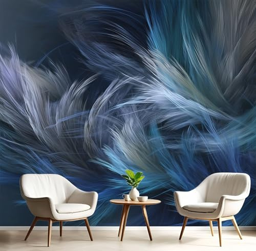 Fototapete Schlafzimmer Abstrakte Kunst Federn Linien 3D Druck Vliestapete, 250x175cm (B×H) Wandtapete Wandbilder, für Wohnzimmer, Kinderzimmer, TV Hintergrund Farbverlauf Blau Tapete