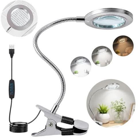 8X Lupe Mit Licht Und Ständer, Led Lupenleuchte, DREI Helligkeitsstufen, Tischlupe Mit Beleuchtung, Lupenlampe mit Metallklemme, Freihändige Schreibtischlampe, 360° Drehbare für Arbeit, Lesen, Hobbys