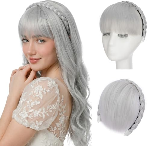 MY-LADY Pony Haarteil für Damen Geflochtener Haarband Synthetik Haarreif mit Pony Geflochtene Haarbandperücke 55g Haarteil mit Bangs 20cm Grau