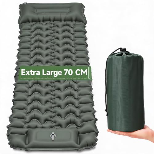 HAUSPROFI Isomatte Camping Luftmatratze extra breit, Ultraleicht, aufblasbar – mit integriertem Kissen & Fußpumpe, 196x70x9 cm, 40D TPU, kleines Packmaß für Outdoor & Reisen