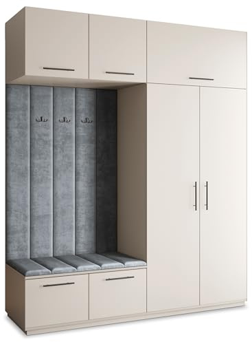 Masseno Flugarderoben Set Rema, Kleiderschrank-Set mit Sitzbank, Garderobenschrank Flur mit 5 Regalböden, Kaschmir