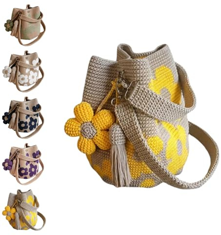 Generisch Handgehäkelte Blumentasche, Häkel-Shopper Für Damen, Boho-Strandtasche Mit Blumenmuster Für Den Einkauf, Leichte Sommertragetasche Mit Niedlichen Blumen & Quasten-Anhänger