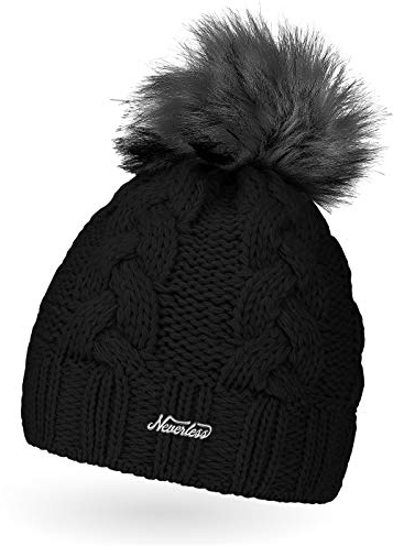 Neverless Damen Strick-Mütze gefüttert mit Kunstfell-Bommel, Winter-Mütze, Bommelmütze, schwarz Unisize