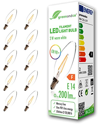greenandco 10x CRI90+ Glühfaden LED Lampe | klar | ersetzt 20 Watt E14 Kerze | 2W 200 Lumen | 2700K warmweiß | Filament Fadenlampe | 360° 230V AC | nicht dimmbar | flimmerfrei | 2 Jahre Garantie