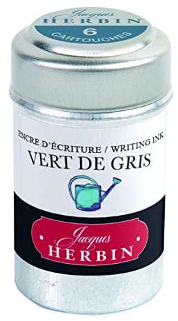 Jacques Herbin - Ref 20107T - Universal Writing Snap-In Ink Cartridges - Vert de Gris / Green-Grey - Cylindrical Metal Pot of 6 Cartridges - Grey-Coloured Ink