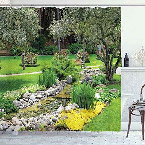 ABAKUHAUS Jardin Rideau de Douche, Paysage Parc Japonais, Tissu Ensemble de Décor de Salle de Bain avec Crochets, 175 x 200 cm, Vert