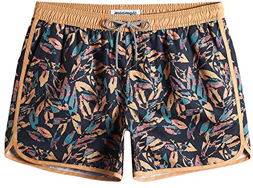 MaaMgic Short de Bain Homme Vintage - Maillot de Bain Homme Bermuda Séchage Rapide Doublure Confortable avec 3 Poches,Feuilles Morte Jaune Noir,XL