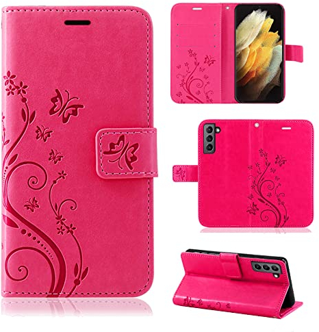 Hülle Kompatibel mit Samsung Galaxy S22 | Premium PU Leder Handyhülle Wallet Case für Galaxy S22 | Schutzhülle Blumen Klapphülle Handyhülle | Pink