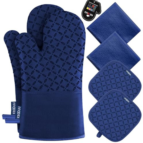 KEGOUU Oven Mitts and Pot Holders 6pcs Set, Kitchen Oven Glove High Heat Resistant 500 Degree Extra Long Oven Mitts and Potholder with Non-Slip Silicone Surface for Cooking(Marine Blue)