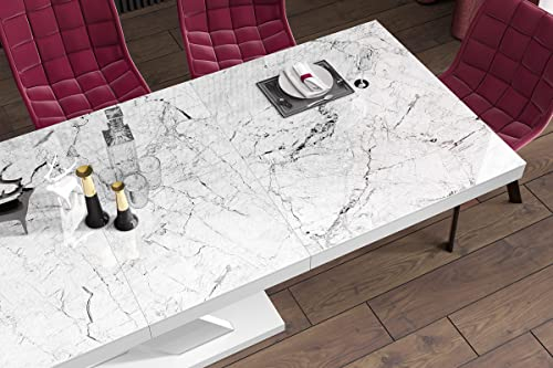 Design Esstisch HEN-111 Marmoroptik/Weiß Hochglanz ausziehbar 160 cm bis 256 cm Esszimmertisch für bis zu 10 Personen Hochglanz Funktionstisch modern vielseitig Esszimmer erweiterbar zeitlos