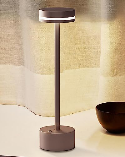 FUNTAPHANTA LED Battery Operated Cordless Table Lamp with Touch Sensor, Aluminum Lamp Body, 3 Level Dimming, 4000mAh Rechargeable Battery, 3000K Warm Light, for Dining Table (Brown)