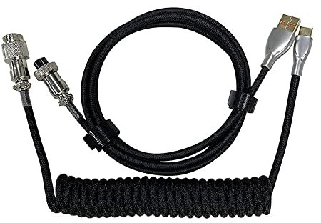 Cable de teclado en espiral, cable de teclado mecánico de tipo C a USB A de 1,8 m, cable USB C para teclado de juegos con aviador metálico desmontable (negro)