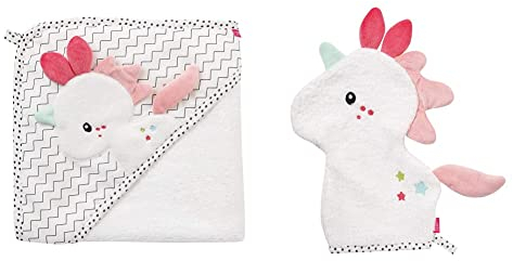 Fehn 057263 Kapuzenbadetuch Einhorn – Maße: 80 x 80 cm & 057270 Waschhandschuh Einhorn/Waschlappen mit Tiermotiv für fröhlichen Badespaß, für Babys und Kinder ab 0+ Monaten