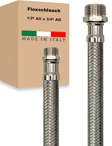 Flexschlauch AG x AG Edelstahl Panzerschlauch Anschlußschlauch Sanitär Armaturenschlauch Hauswasserwerk Made in Italy (1/2 x 3/4 - 600 mm)