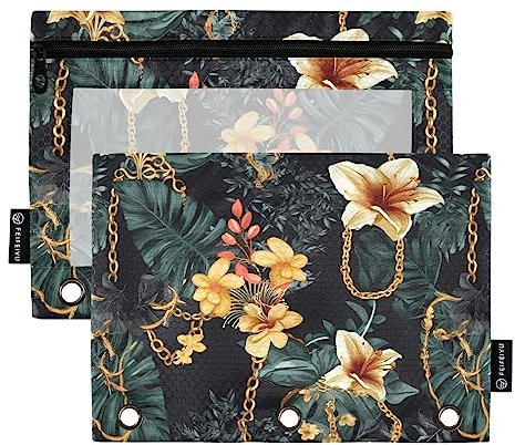 Golden Chain Plant Pattern 3 Ring Large Capacity Binder Pencil Pouch 2 pcs Clear File Folders for Office Home Zipper Storage Bag