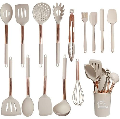 UXIYI Ensemble d'ustensiles de cuisine, ustensiles de cuisine en silicone, ensemble de spatules en silicone avec manche en acier inoxydable Rose Gold, Küchengeräte, Khaki + rose gold,15PCS