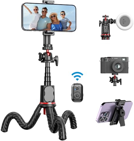 Treppiede Smartphone, Flessibile Cavalletto per Smartphone, Octopus Treppiede Estensibile in Alluminio con Telecomando Wireless, Treppiedi per Fotocamera con 360° Rotabile Compatibile con Phone/Camera