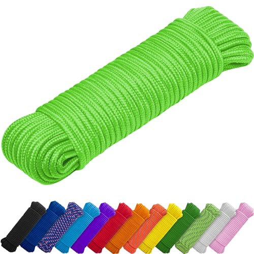 TECEUM Rope – 27.5M x 10mm (3/8 Inch) – Neon Green – Strong All-Purpose Utility Rope – Camping, Crafting, Flag Pole, Indoor & Outdoor – Polypropylene Nylon Poly Lightweight Diamond Braided Cord