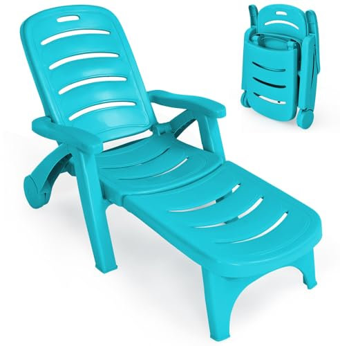 COSTWAY Folding Sunlounger with Wheels, 5-Position Adjustable Outdoor Deck Chair Furniture, Garden Beach Patio Pool Lounger Recliner Seat (Turquoise)