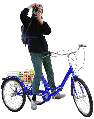 24 Zoll Dreirad für Erwachsene, 7 Gang Klappdreirad mit Einkaufskorb, Faltbares Dreirad mit Rückenlehne Sitzkissen, 3 Räder Fahrrad, Cruise Bikes, Seniorenfahrrad für Reisen, Einkaufen (Blau)