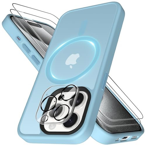Mootobo for iPhone 15 Pro Case 4 in 1 Magsafe Built-in 2 HD Screen Protectors and 1 HD Lens Protector, Compatible with Magsafe Wireless Charging for iPhone 15 Pro 6.1 inch - Blue